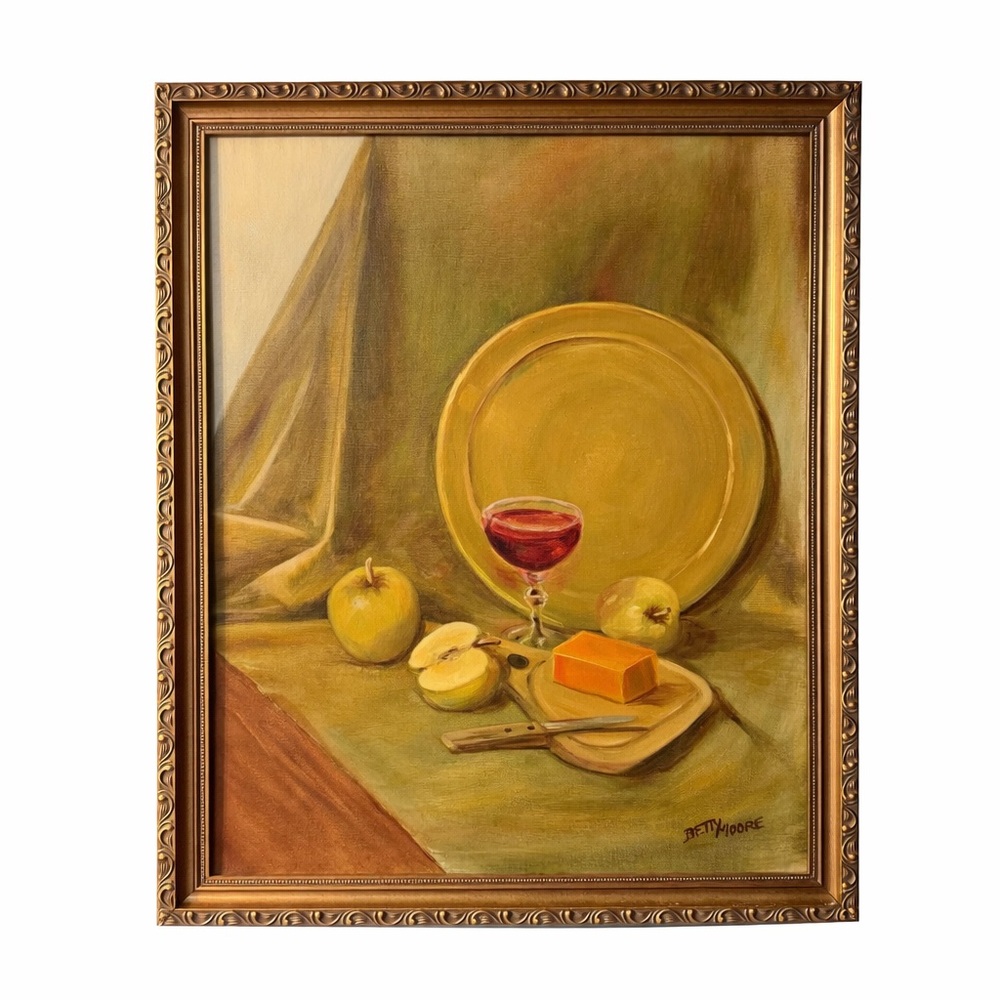 Vintage Oil Painting Still Life Wine Apples Cheese Signed Betty Moore
